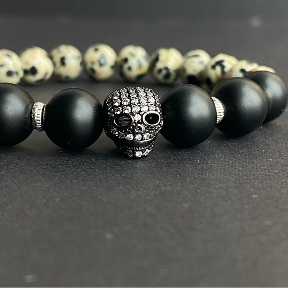 Dalmatian Jasper and Matte Onyx Stone Bracelet With Zircon Skull - Picture 2 of 3